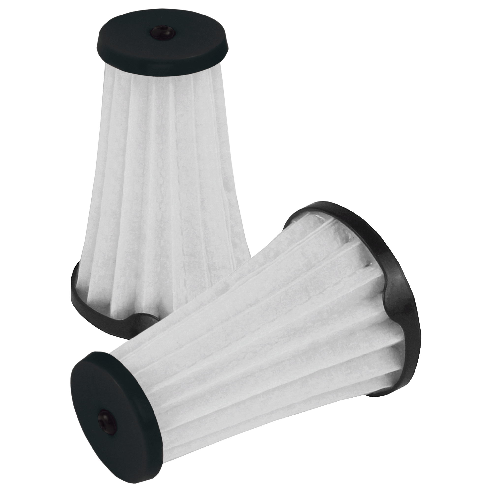 Two white pleated HEPA vacuum filters with black end caps