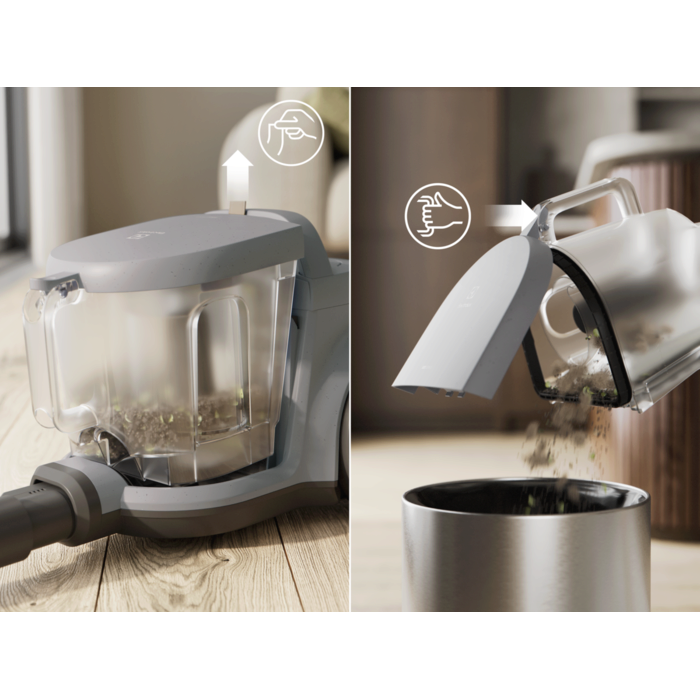 Vacuum cleaner with 2L dustbin designed for easy, spill-free emptying.