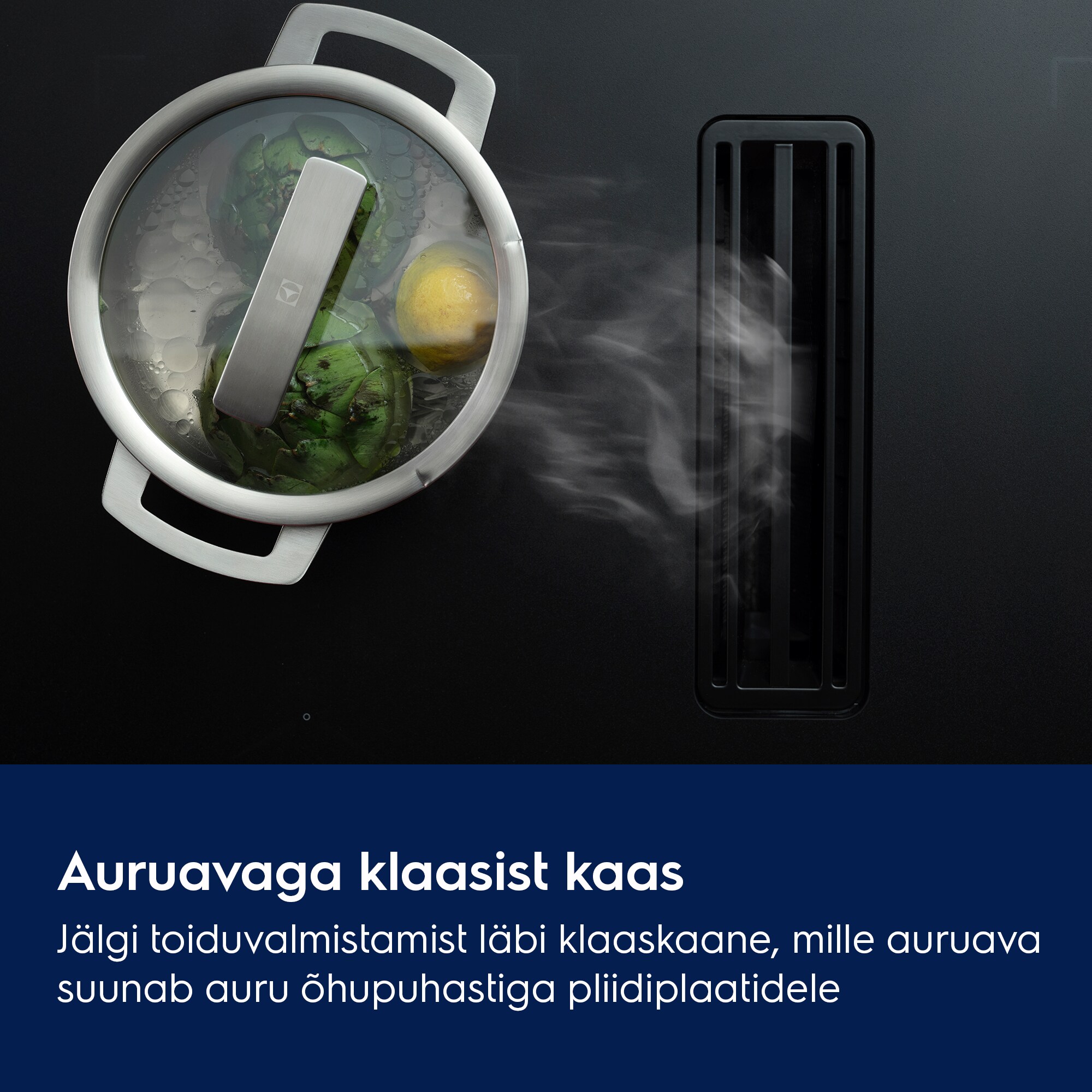 Auruavaga klaasist kaas Jälgi toiduvalmistamist läbi klaaskaane, mille auruava suunab auru õhupuhastiga pliidiplaatidele