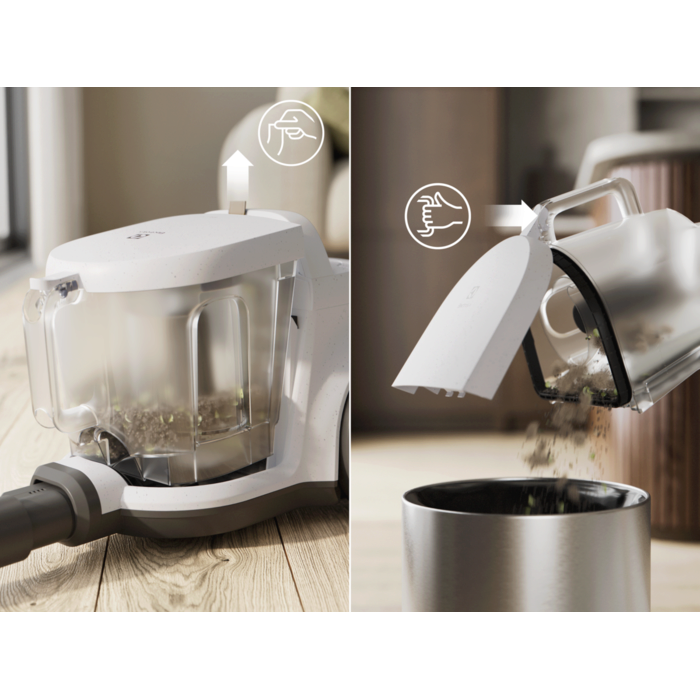 Vacuum cleaner with 2L dustbin designed for easy, spill-free emptying.