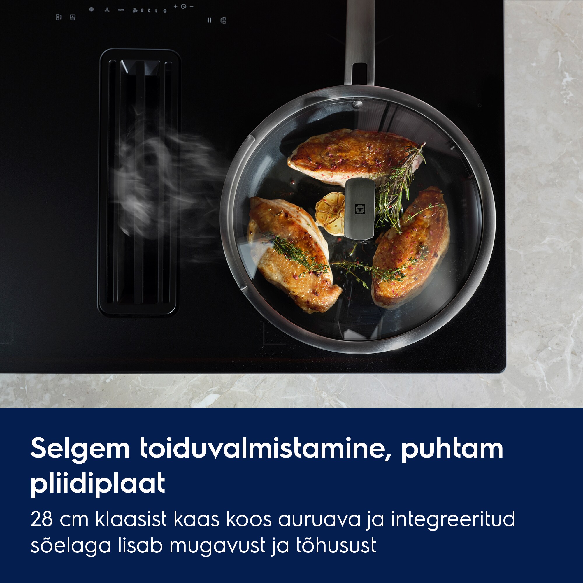Selgem toiduvalmistamine, puhtam pliidiplaat 28 cm klaasist kaas koos auruava ja integreeritud sõelaga lisab mugavust ja tõhusust