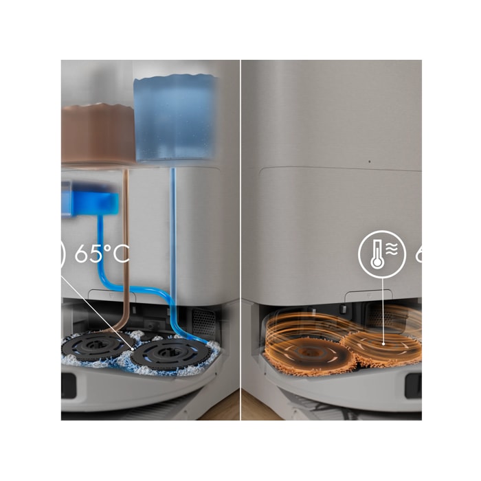 Self-cleaning system uses hot water, hot air and detergent