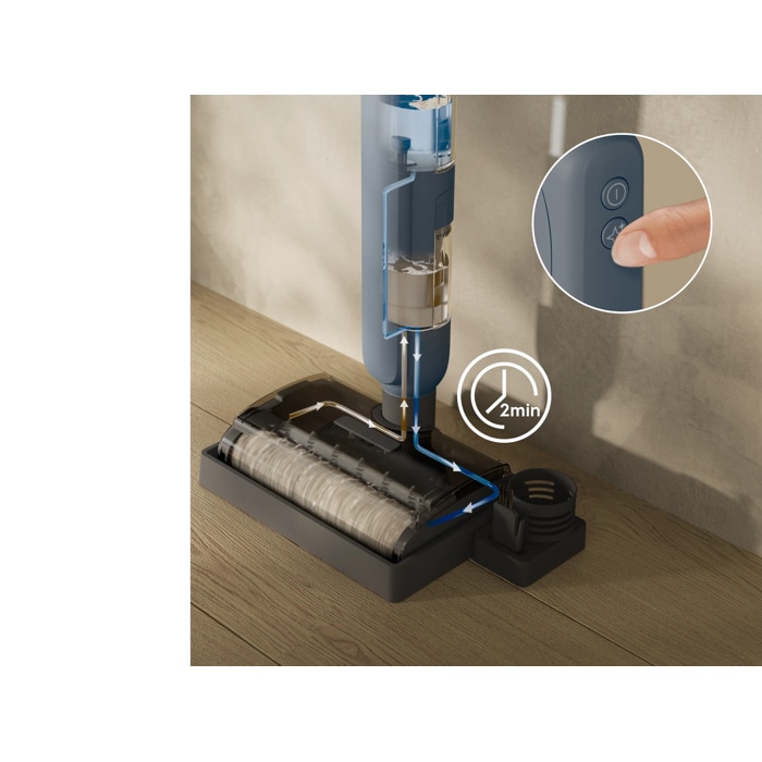 After use, the automatic self-cleaning refreshes the brush roll with clean water in just 2 minutes