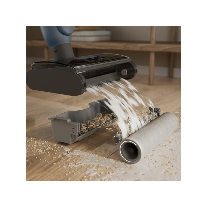The DualAction nozzle features a high-efficiency brush-roll.
 It filters solid debris from liquid, ensuring nothing gets left behind.
 An integrated dust bin keeps disposal quick and mess-free.