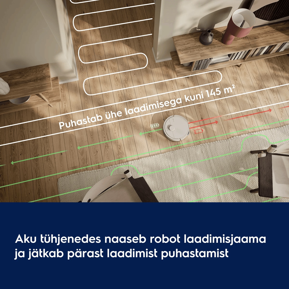 Aku tühjenedes naaseb robot laadimisjaama ja jätkab pärast laadimist puhastamist      Puhastab ühe laadimisega kuni 145 m²