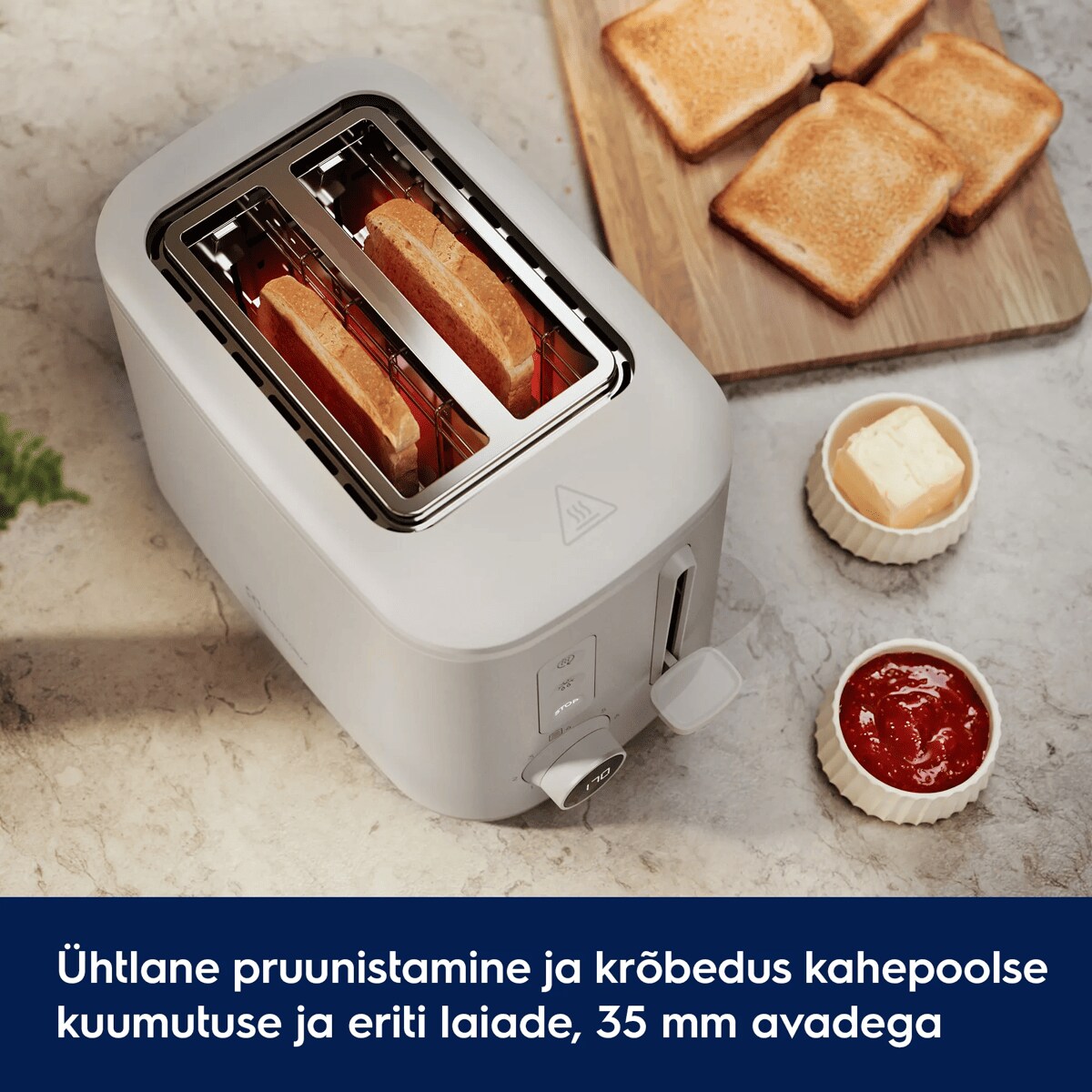 Ühtlane pruunistamine ja krõbedus kahepoolse kuumutuse ja eriti laiade, 35 mm avadega