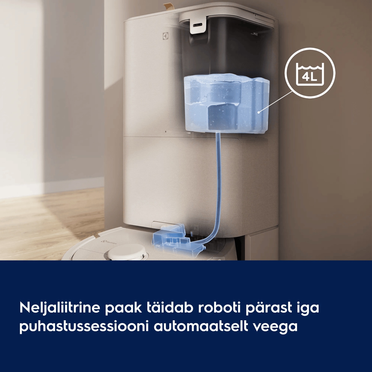 Neljaliitrine paak täidab roboti pärast iga puhastussessiooni automaatselt veega
