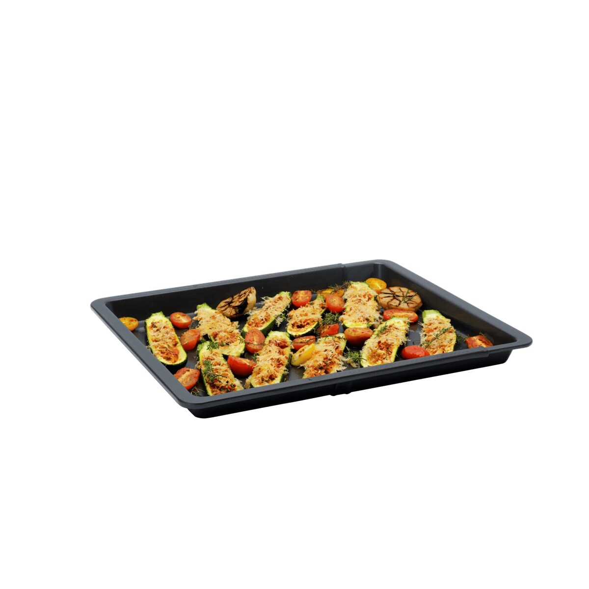 Product in use, stuff and roasted courgette on the tray