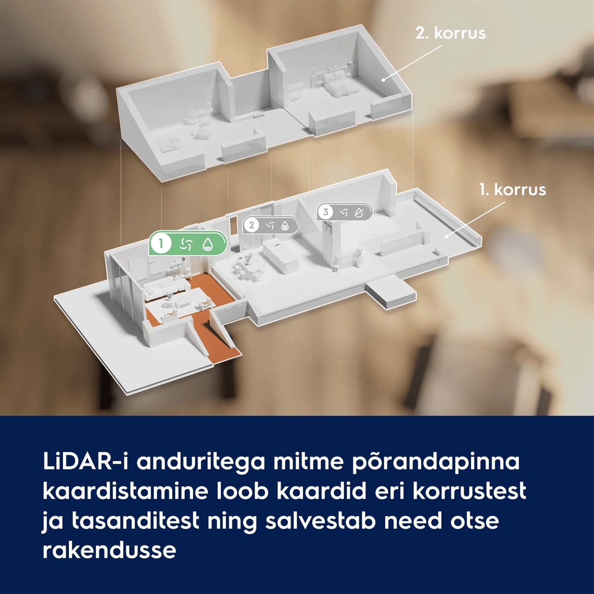 LiDAR-i anduritega mitme põrandapinna kaardistamine loob kaardid eri korrustest ja tasanditest ning salvestab need otse rakendusse      2. korrus 1. korrus
