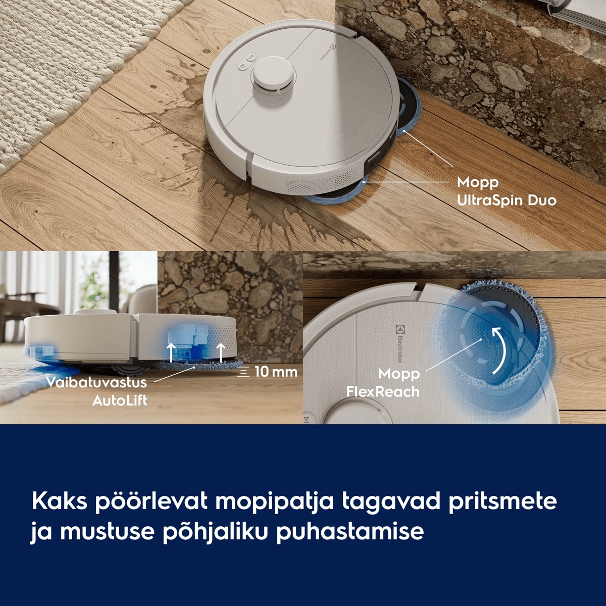 Kaks pöörlevat mopipatja tagavad pritsmete ja mustuse põhjaliku puhastamise      Mopp UltraSpin Duo Vaibatuvastus AutoLift  Mopp FlexReach