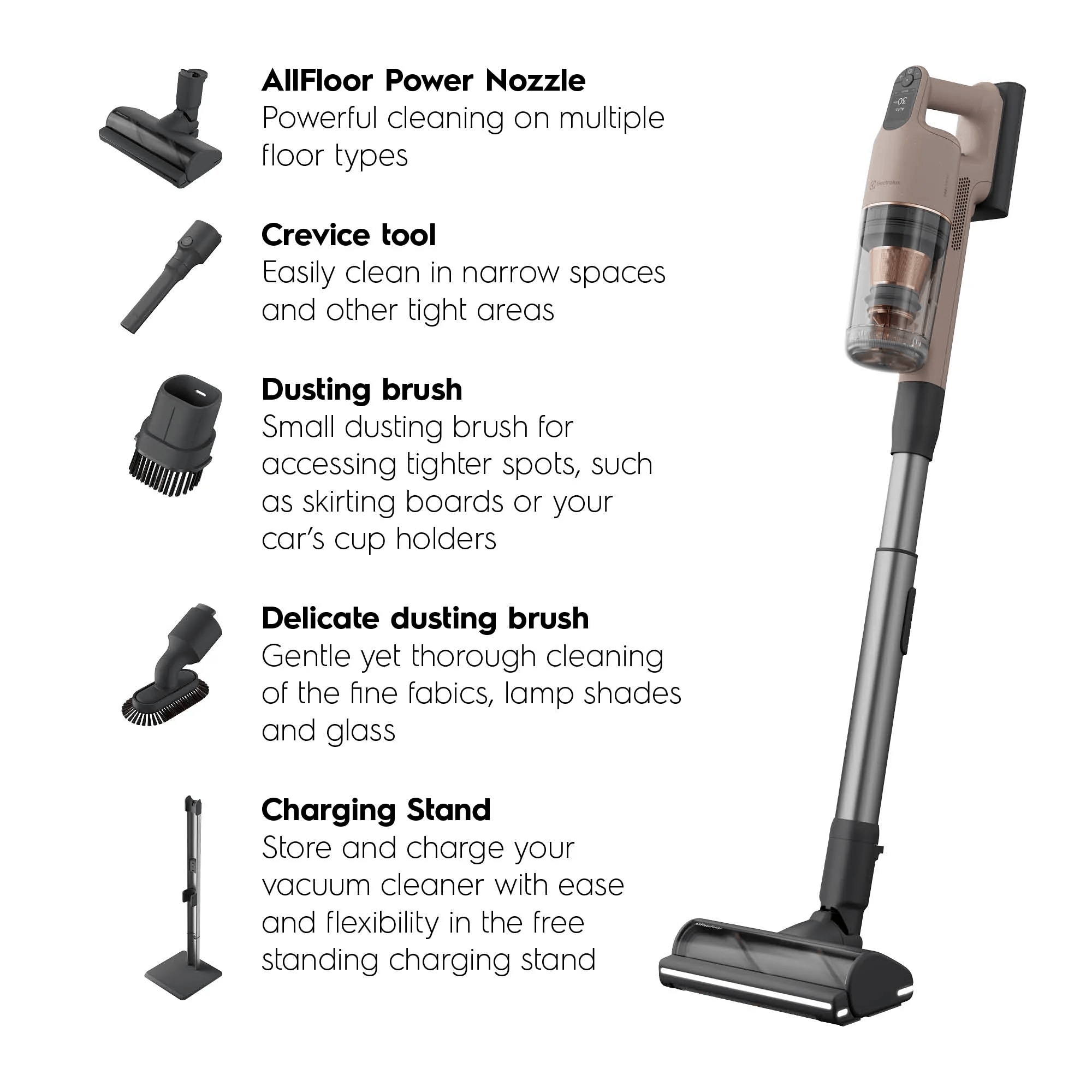 Lily 900 cordless cleaner
AllFloor Power Nozzle - Powerful cleaning on multiple floor types 
Crevice tool - Easily clean in narrow spaces and other tight areas
Dusting brush - Small dusting brush for accessing tighter spots, such as skirting boards or your car's cup holders
Charging Stand - Store and charge your vacuum cleaner with ease and flexibility in the free standing charging stand
Delicate dusting brush - Gentle yet thorough cleaning of the fine fabics, lamp shades and glass