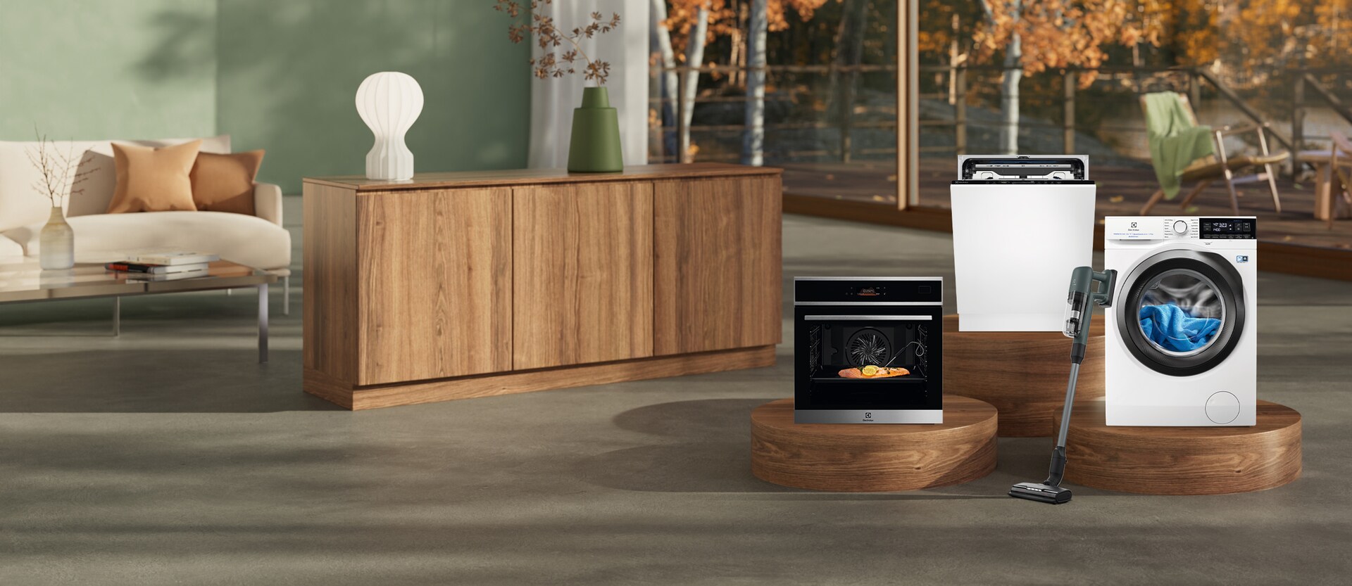 Electroluxi kodumasinad modernses interjööris poodiumitel: ahi, nõudepesumasin, pesumasin ja juhtmevaba tolmuimeja.